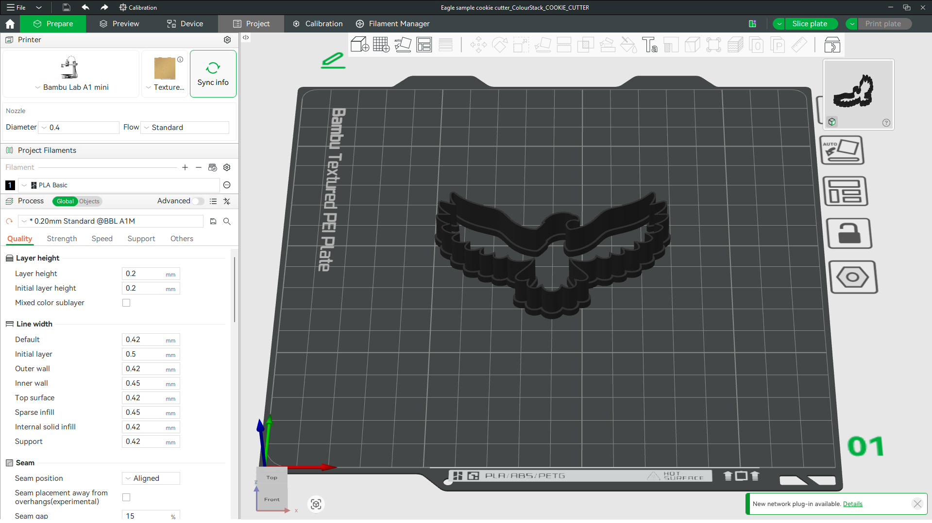Eagle cookie cutter generated by ColourStack Studio and opened in a slicer